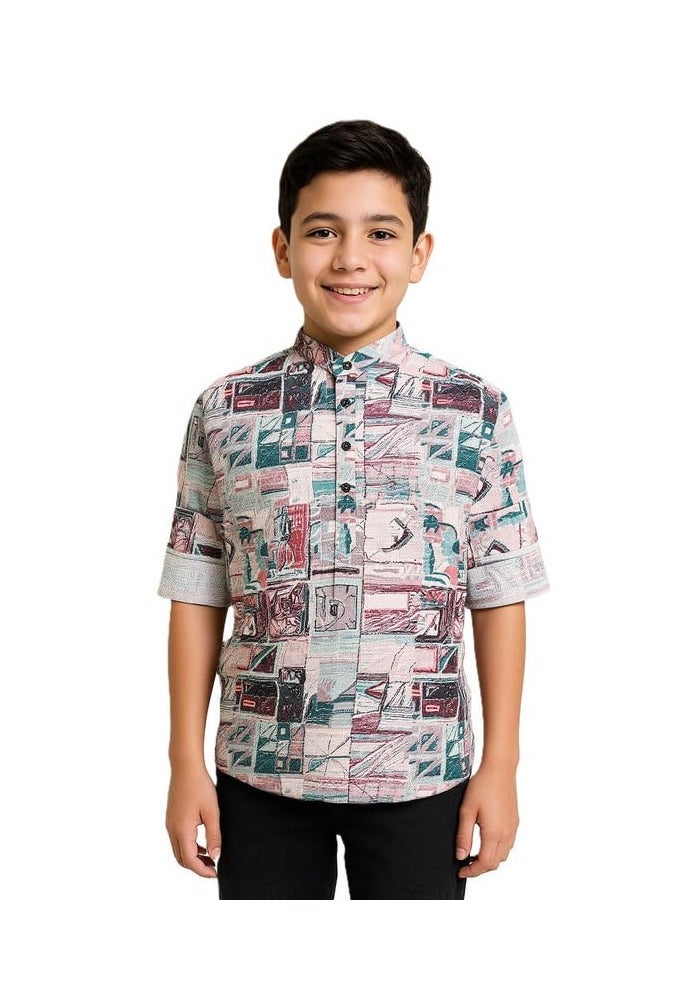 CAVIO Boys Cotton Full Sleeves Printed Short Kurta Shirt - Image 1